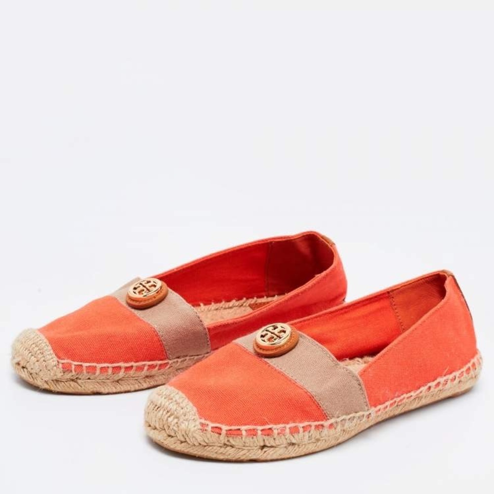 Tory Burch Beacher Orange Tan Gold Espadrilles Size 5.5
